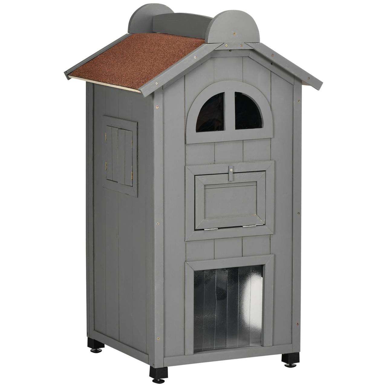 PawHut Katzenhaus für Katzenbett oder Katzentoilette, Katzenschrank, Katzenklo Indoor, Tannenholz, Asphaltdach, Grau   Weiß, 59 x 55 x 109 cm