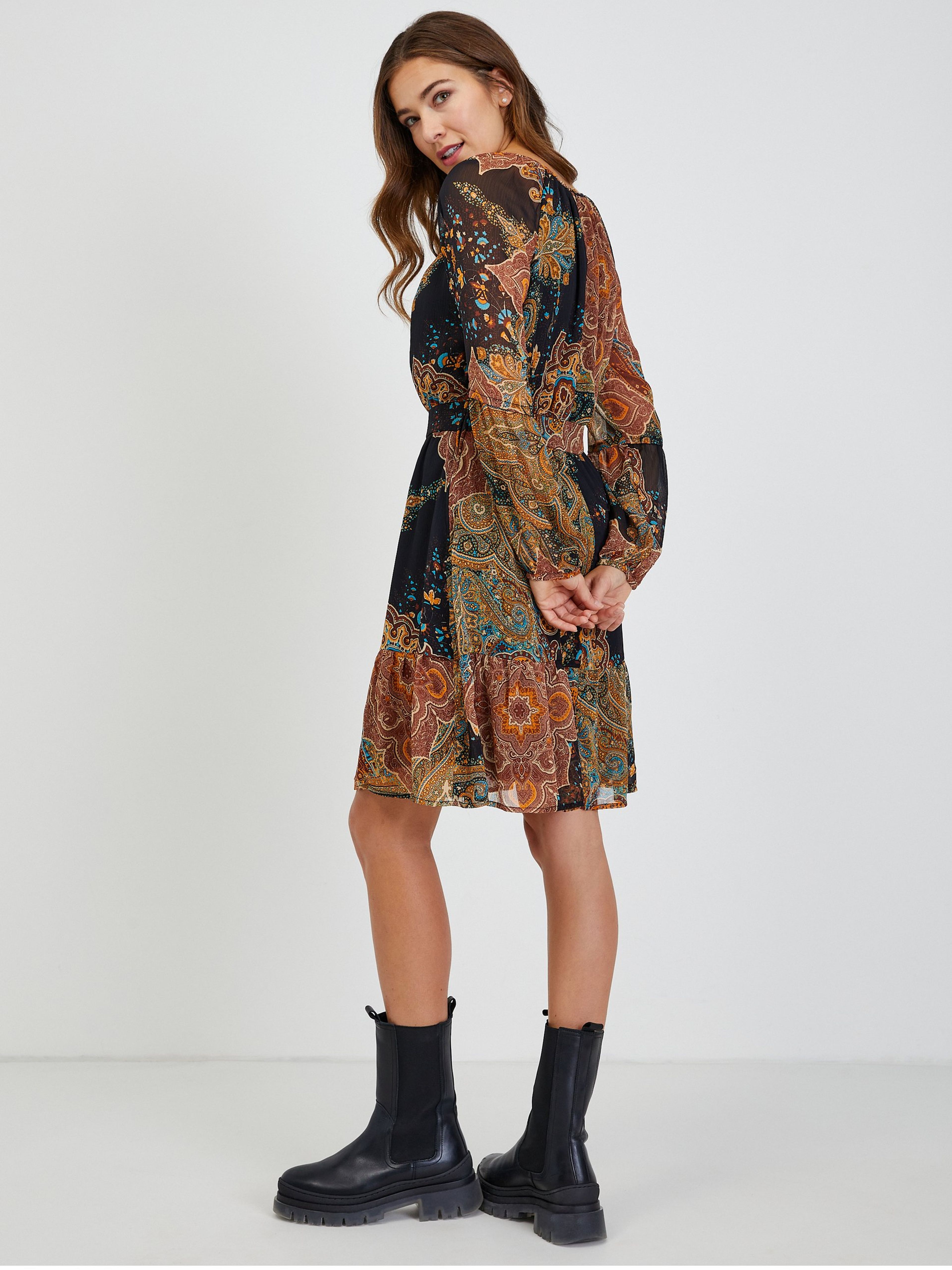 Schwarz-braun gemustertes Damenkleid ORSAY