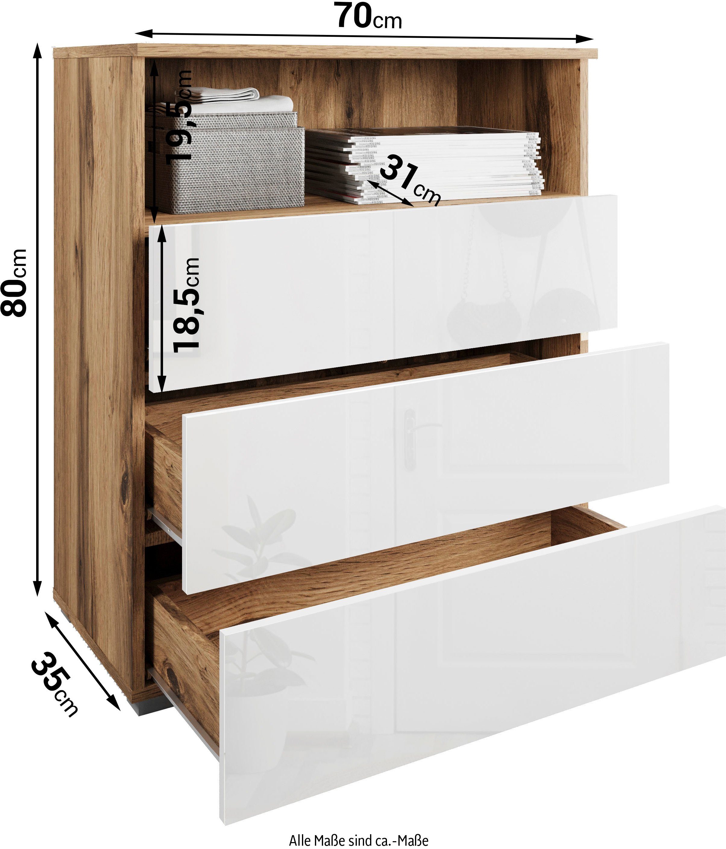 INOSIGN Schubkastenkommode Paris, mit 3 Schubkästen (Breite 70 cm)