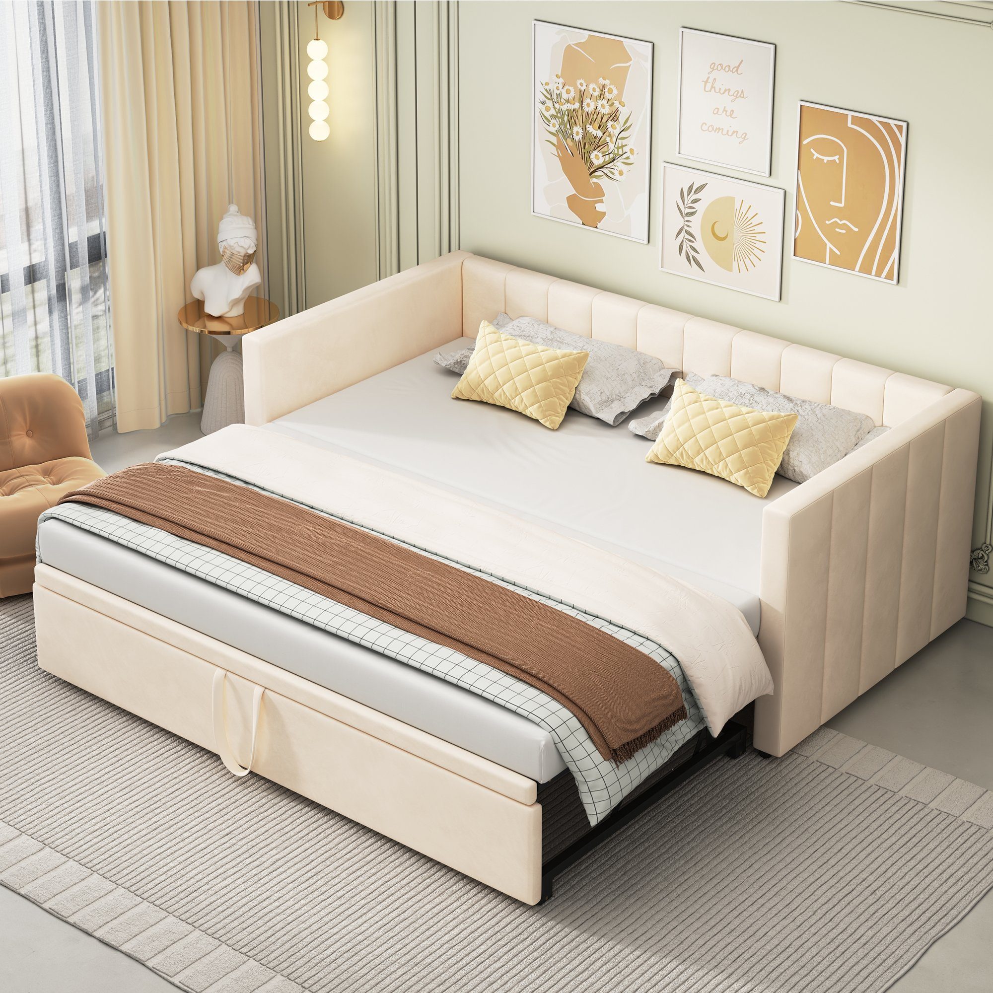 WISHDOR Polsterbett Funktionsbett Doppelbett Schlafsofa Kinderbett Bett 90/180*200 cm (Multifunktionsbett aus hautfreundlichem Samtstoff, Ausziehbares Schlafsofa mit Lattenrosten), ohne Matratze