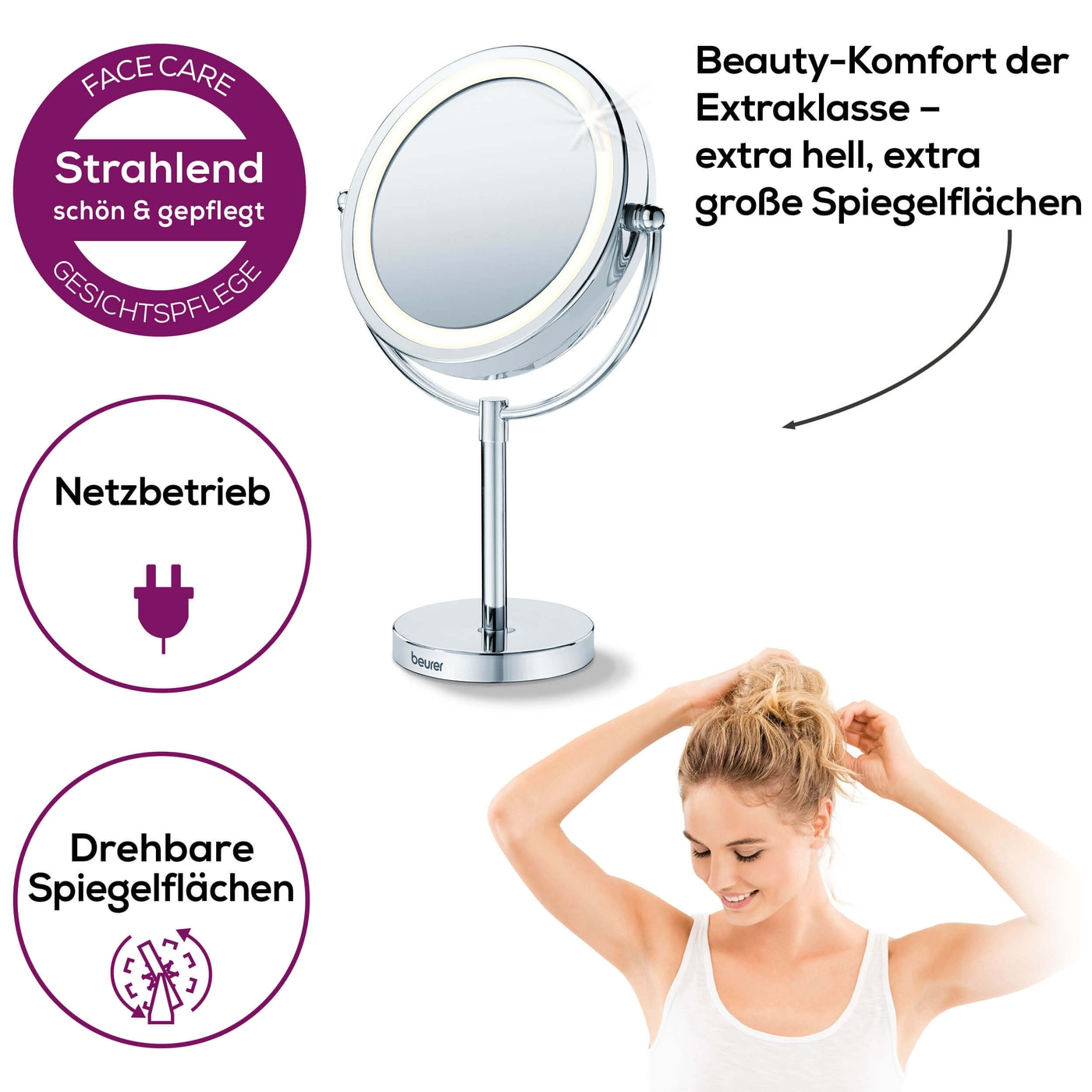 Beleuchteter Kosmetikspiegel BS 69-Netzbetriebener Schminkspiegel beleuchtet mit 5-fach Zoom