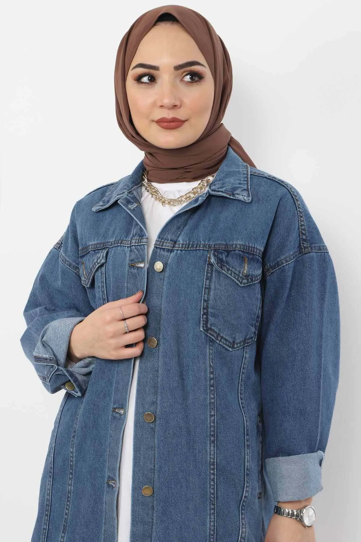 Tesettür Dünyası  Jeansjacke mit Taschen Tsd2519 Hellblau