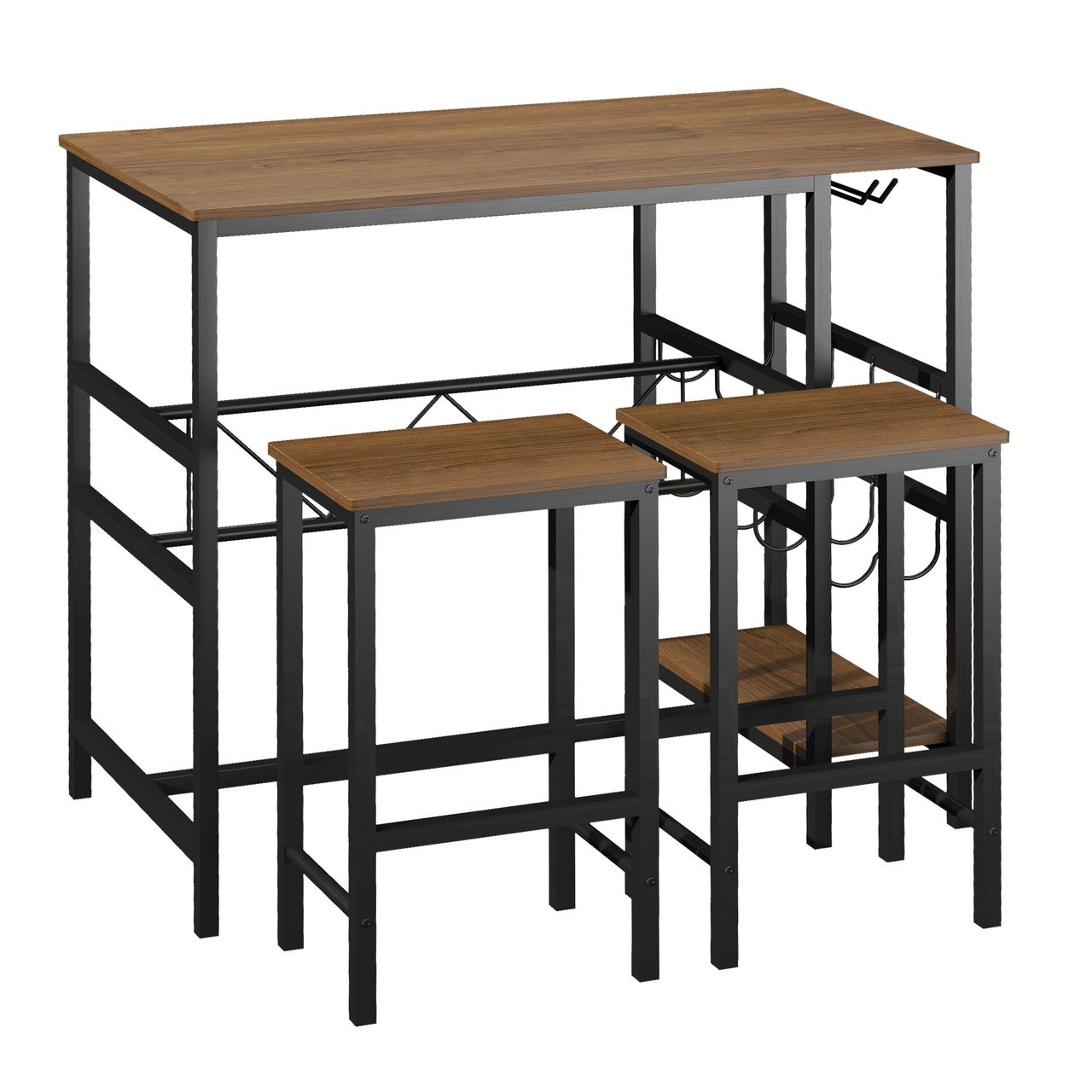 HOMCOM Bartisch-Set, Stehtisch mit 2 Barhockern, 3-teiliges Tischset Küchentresen mit Flaschenhalterung Spanplatte, Stahl, Natur Schwarz, 108 x 60x 95H cm