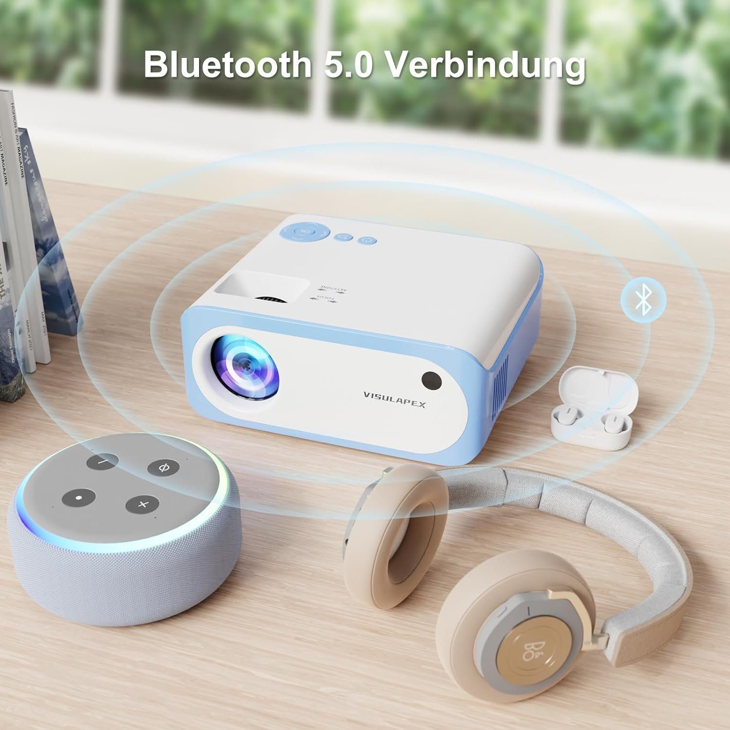 VISULAPEX Portabler Projektor (9000 lm, 8000:1, 1920 x 1080 px, Beamer Tragbarer Full HD 1080P Unterstützt, VISULAPEX V3 5G WiFi)