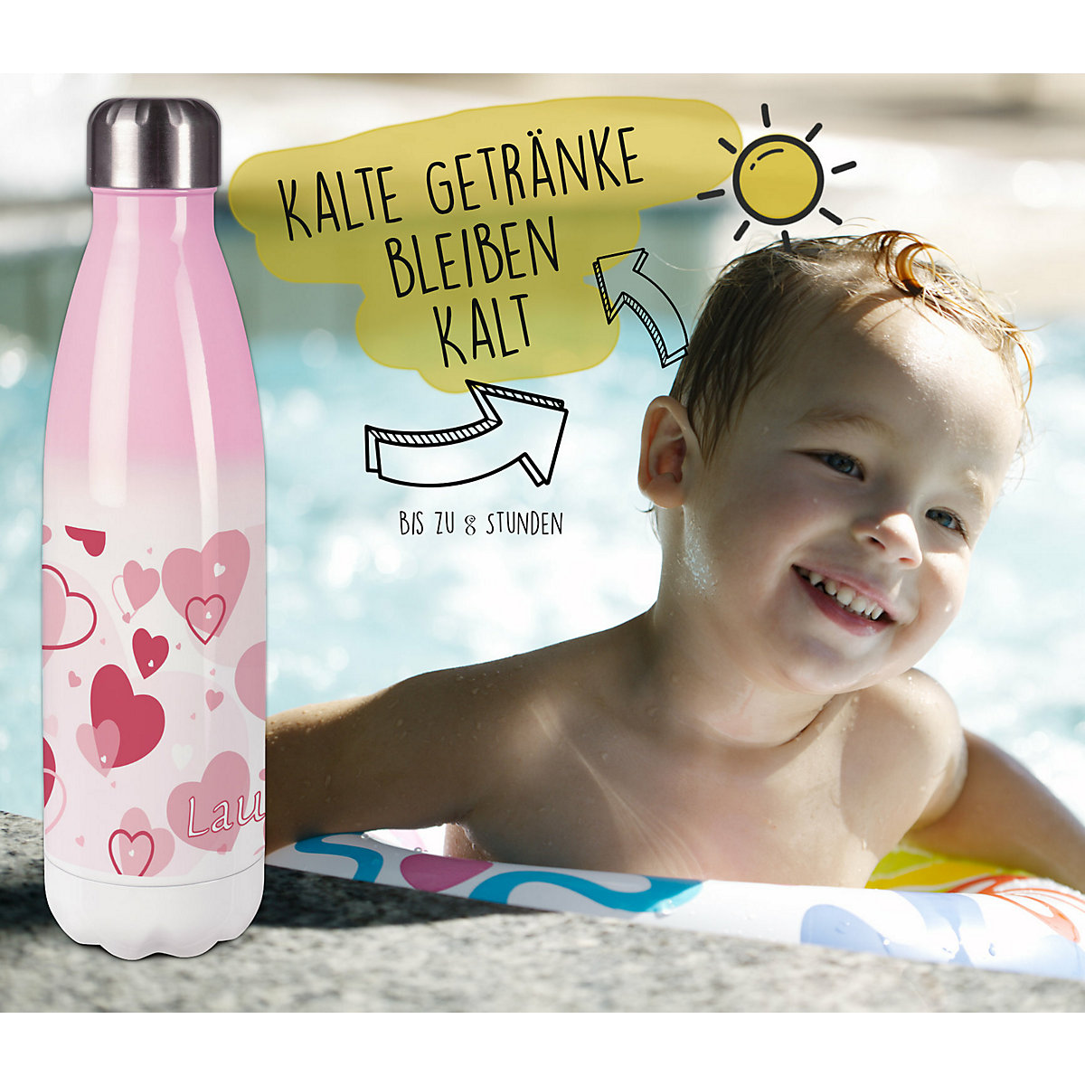 Edelstahl Kinder Thermoflasche / Trinkflasche bunt Herz Farbe rosa Spülmaschinenfest, Auslaufsicher, Bruchfest, Doppelwandig, Für Heißgetränke geeignet, Mit Deckel, Isoliert