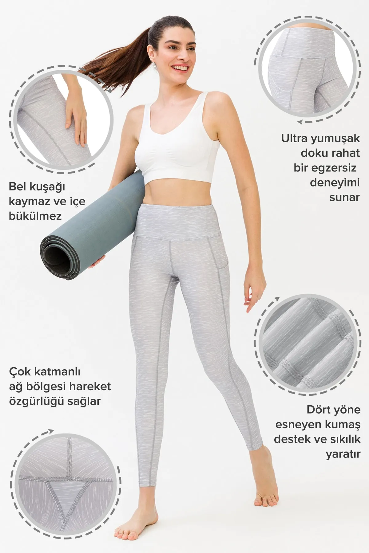 LOS OJOS  Damen-Sportstrumpfhose in Melange-Grau mit hoher Taille und doppelter Tasche