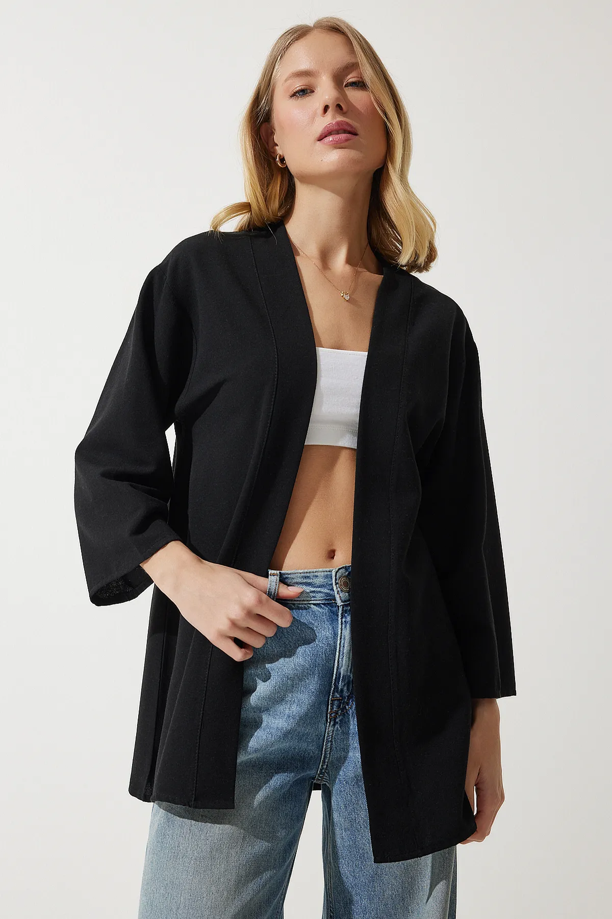 Happiness İstanbul  Schwarzer lässiger Kimono aus Leinen-Viskose für Damen BH00388