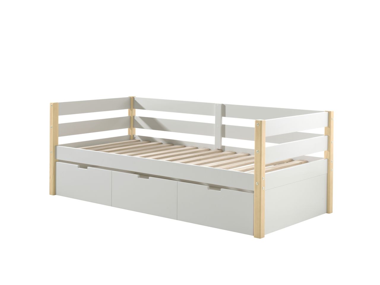 VIPACK Kojen Bett Margrit mit Umrandung u. Rolllattenrost, Liegefläche 90 x 200, inkl. Bettschublade auf Rollen, Ausf. Weiß lackiert, Bettpfosten Kiefer natur lackiert