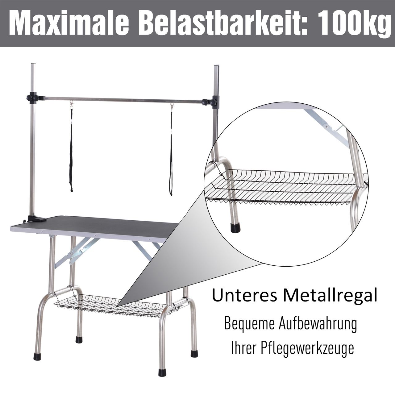 PawHut Trimmtisch Tierpflegetisch Schertisch Pflegetisch mit Unterkorb für Hunde höhenverstellbar klappbar Edelstahl Metall Schwarz 107 x 60 x 170 cm