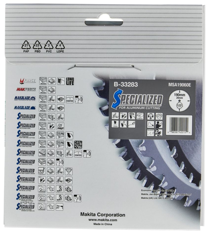 Makita Zubehör B-33283 Sägeblatt, Aluminium, 190 x 20 x 60 Zähne