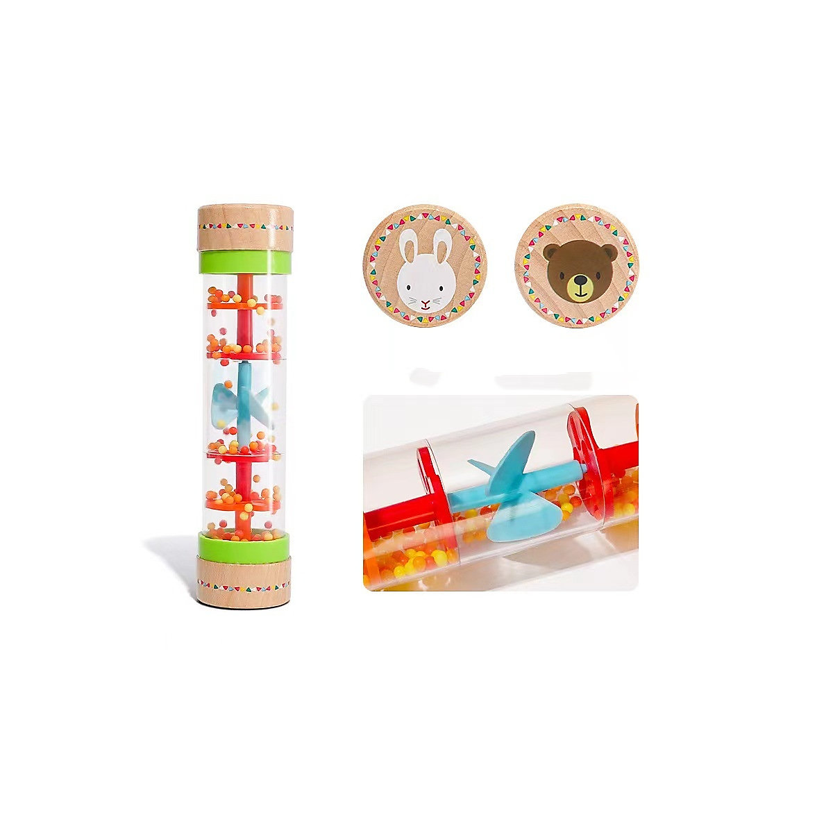 1PCS Rain Sound Tube Musik Früherziehung Musikinstrument Spielzeug 1PCS Regenbogenstab aus Holz für Kinder, simuliert Regengeräusche, Sanduhr-Quietscher Rhythmusinstrumente