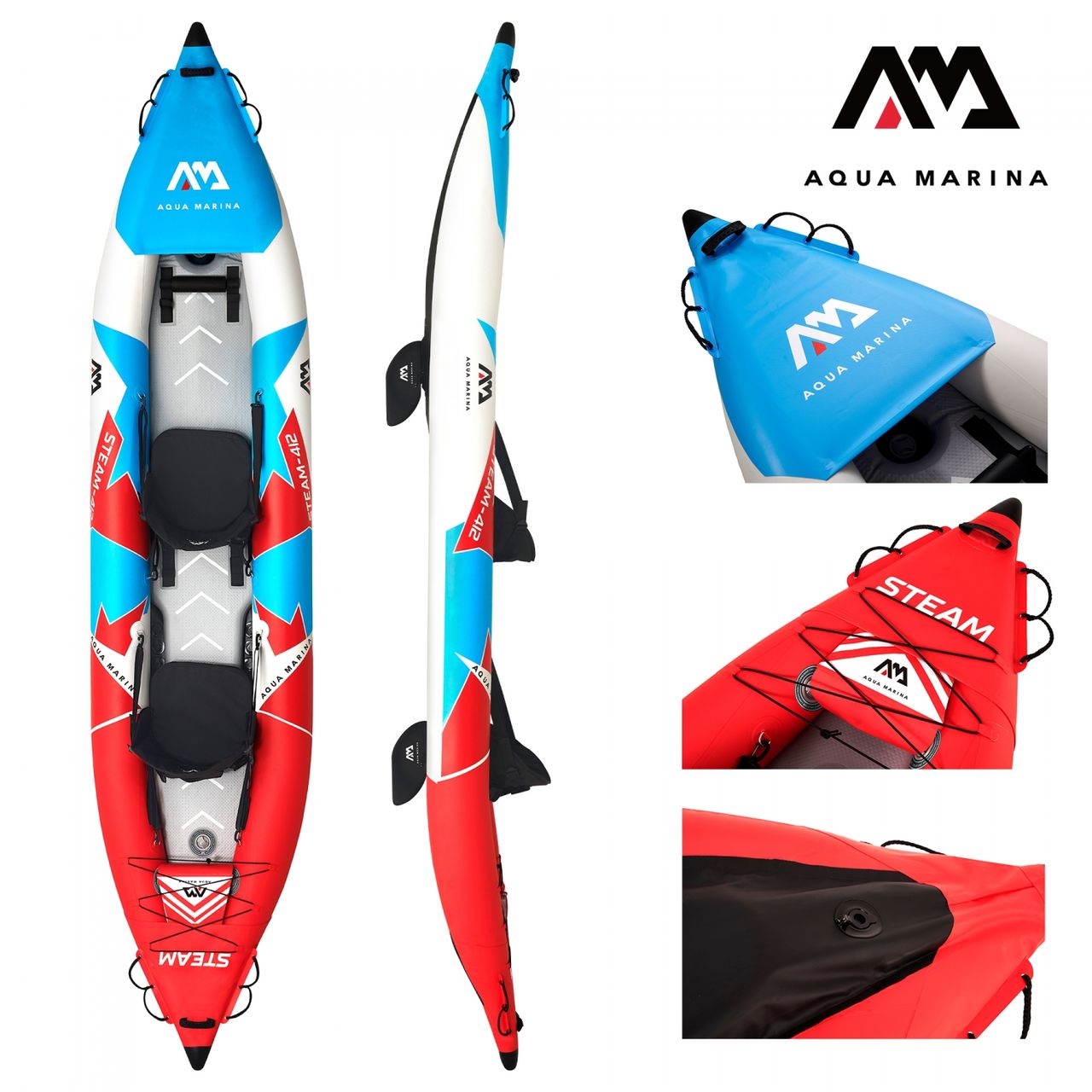 PureHaven Aqua Marina Kajak 412x83 cm für 2 Personen mit Luftsitz verstellbarer Lehne Transporttasche Reparaturset und Handpumpe strapazierfähig Blau/Weiß/Rot