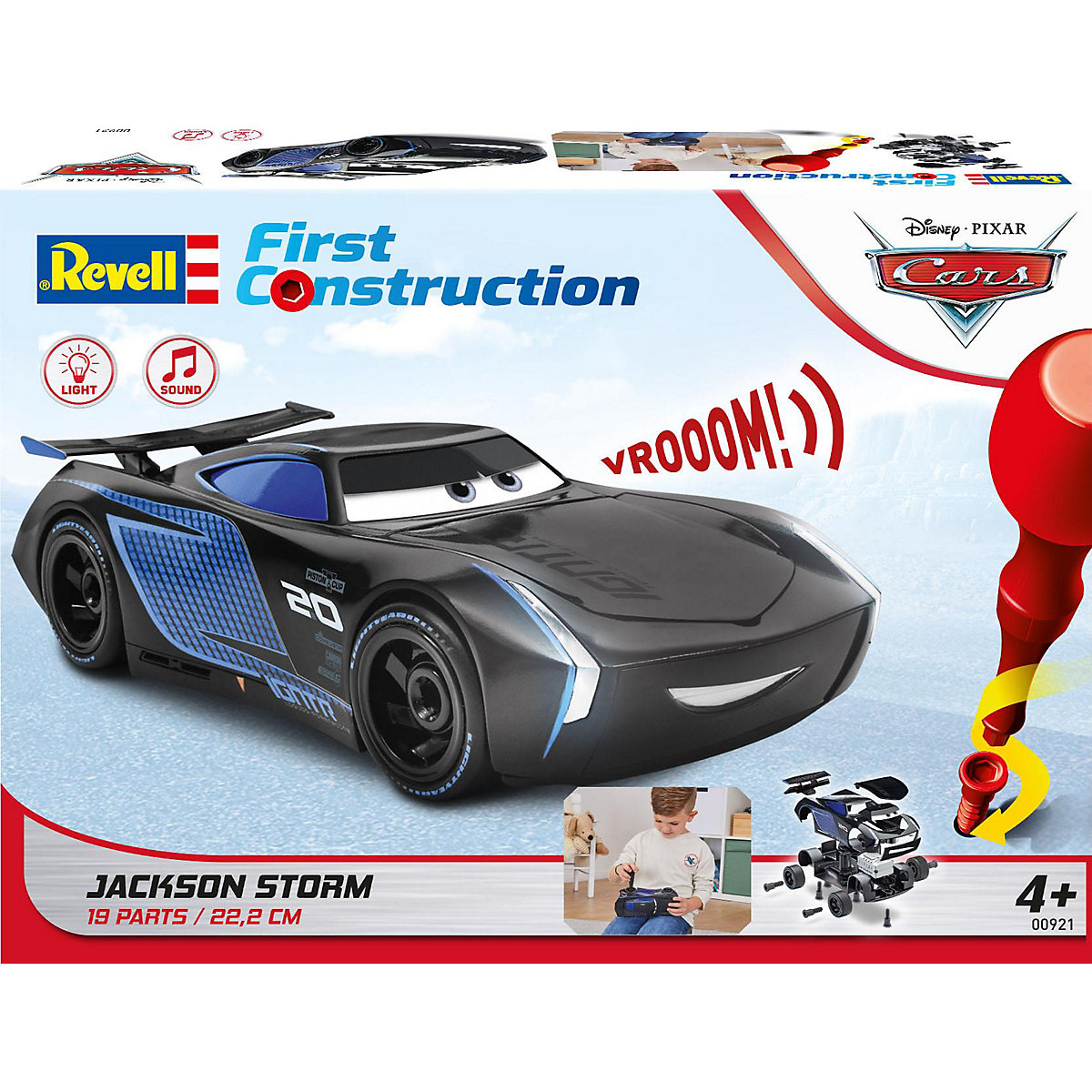 Jackson Storm  -Cars Auto mit Licht & Sound, Revell First Construction, Bausatz für Kinder ab 4 im Maßstab 1:20, 19 Teile, 22,2 cm