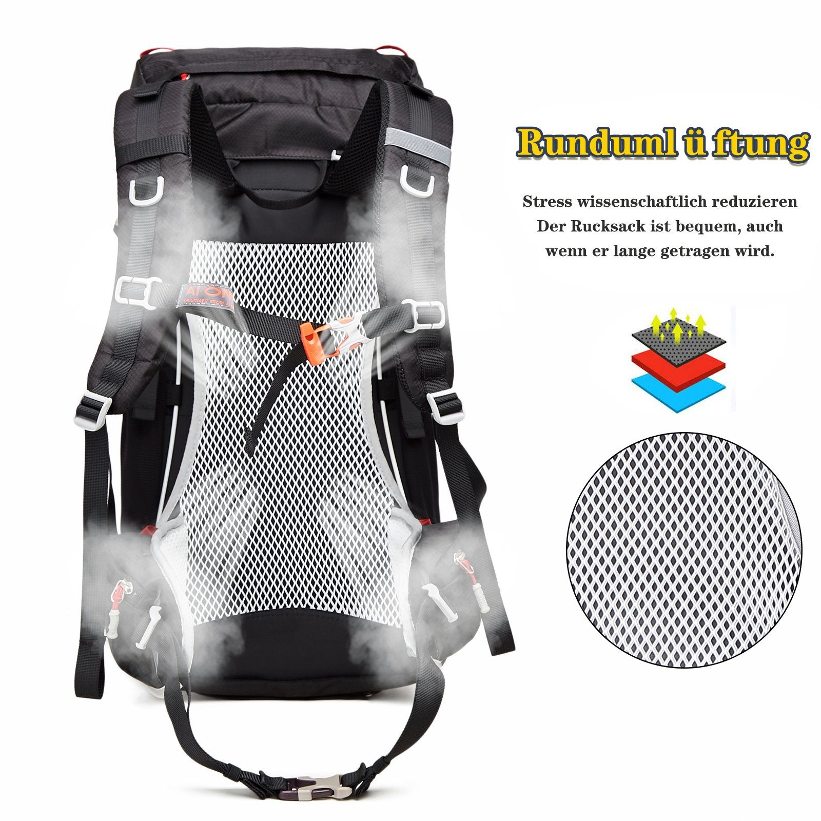 TAN.TOMI Wanderrucksack 35L (30L+5L) Großer Wanderrucksack mit Rückenbelüftung (Einschließlich Regenschutz), mit Regenschutz für Outdoor Reisen Camping Trekking