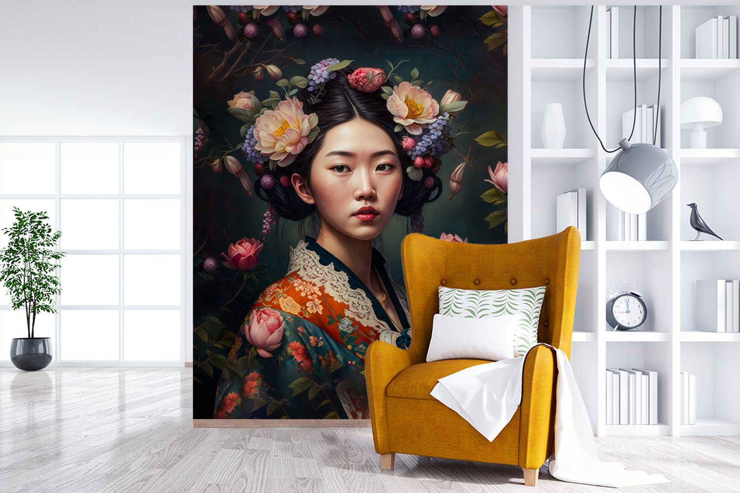MuchoWow Fototapete Frau - Blumen - Kimono - Porträt - Asiatisch, Matt, bedruckt, (4 St), Montagefertig Vinyl Tapete für Wohnzimmer, Wandtapete