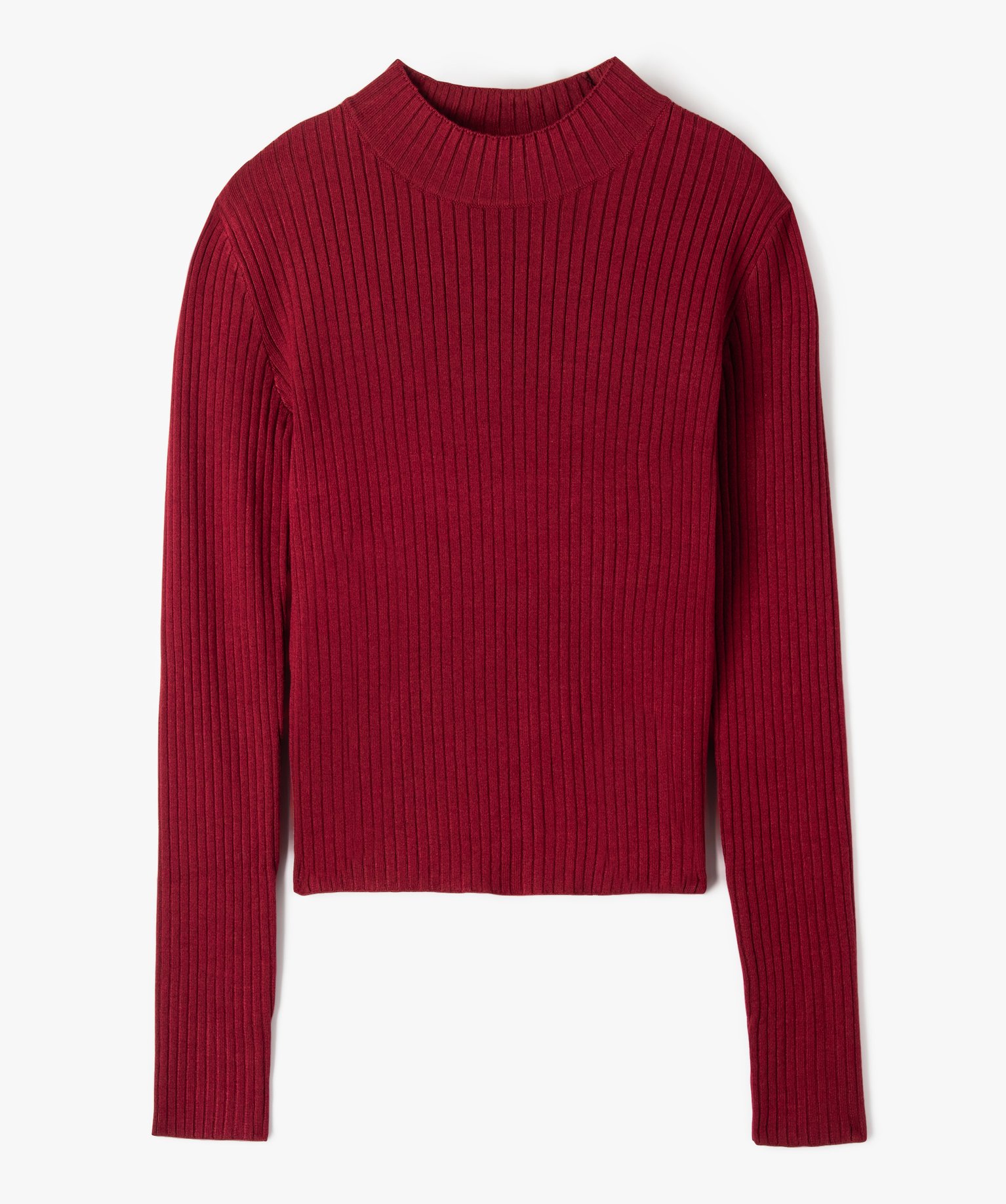 Pull fille court à col cheminée en maille ctelée rouge fonce | GEMO