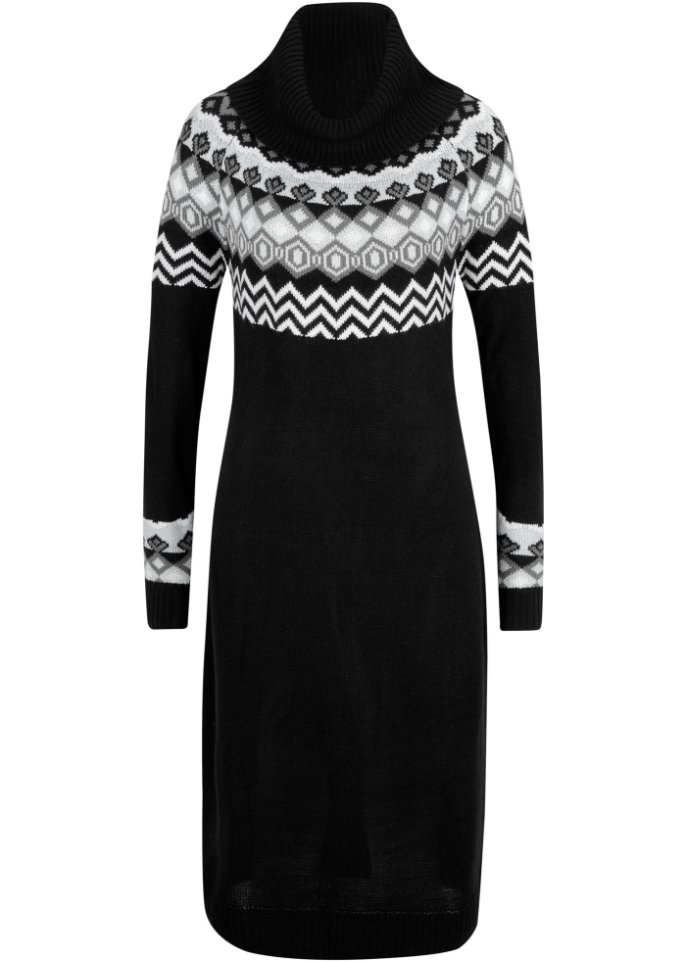 Strickkleid mit Norwegermuster und weitem Rollkragen, kniebedeckend