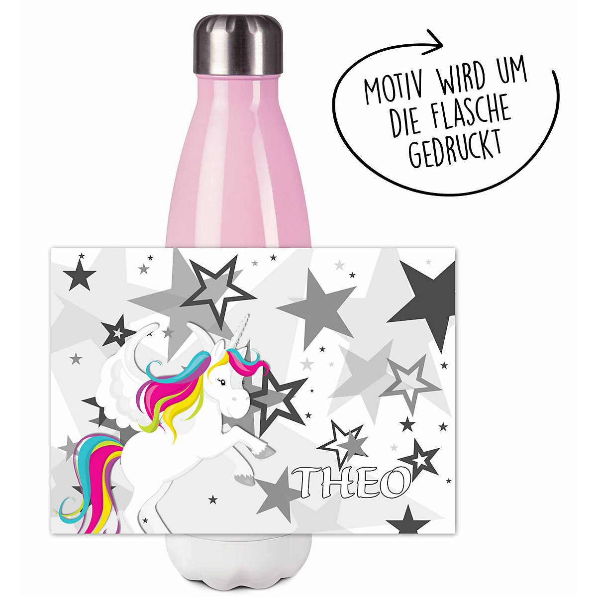 Edelstahl Kinder Thermoflasche / Trinkflasche bunt Pegasus Sterne Farbe grau Spülmaschinenfest, Auslaufsicher, Bruchfest, Doppelwandig, Für Heißgetränke geeignet, Mit Deckel, Isoliert