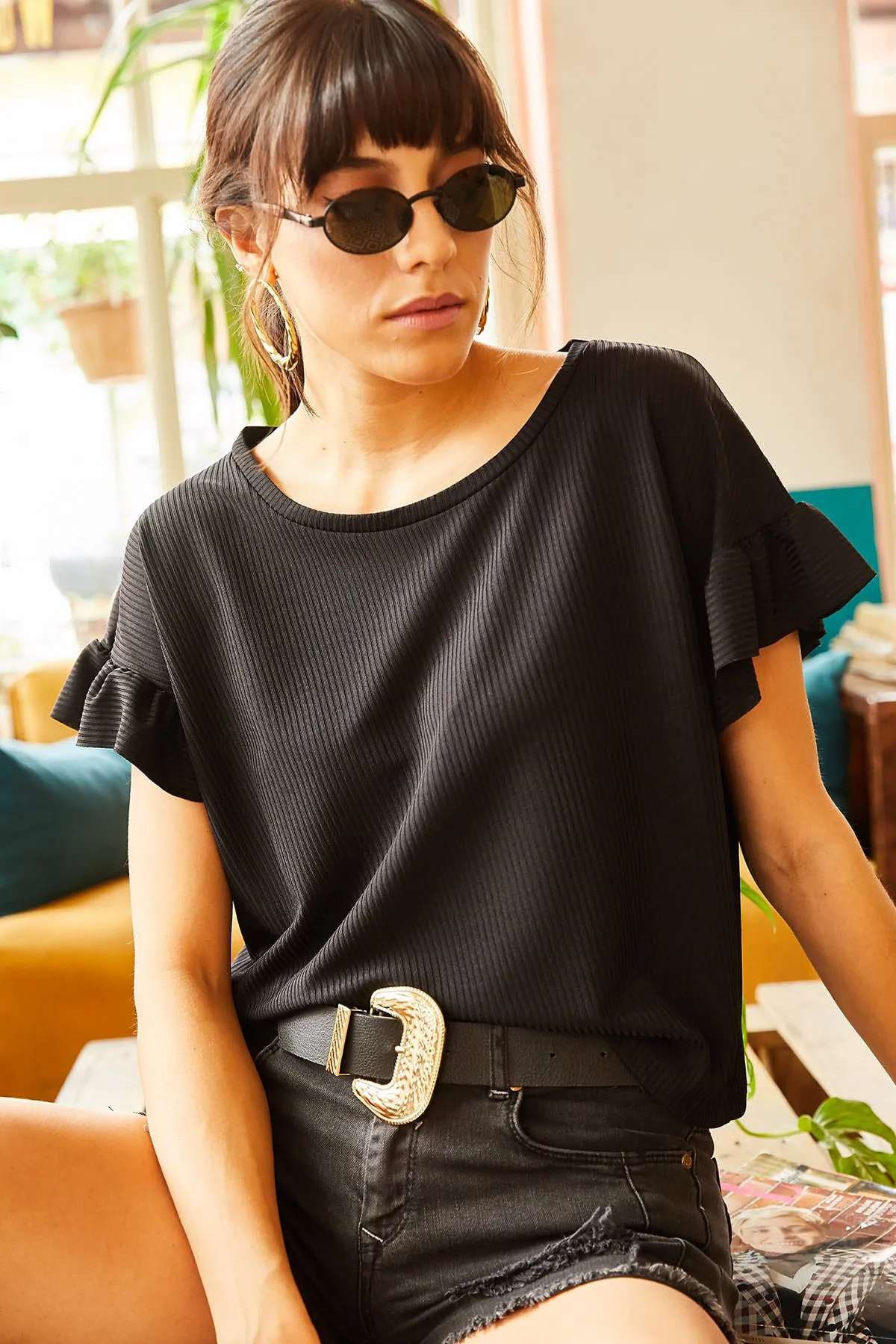 Olalook  Schwarzes Camisole-T-Shirt mit Rüschenärmeln für Damen TSH-19000417