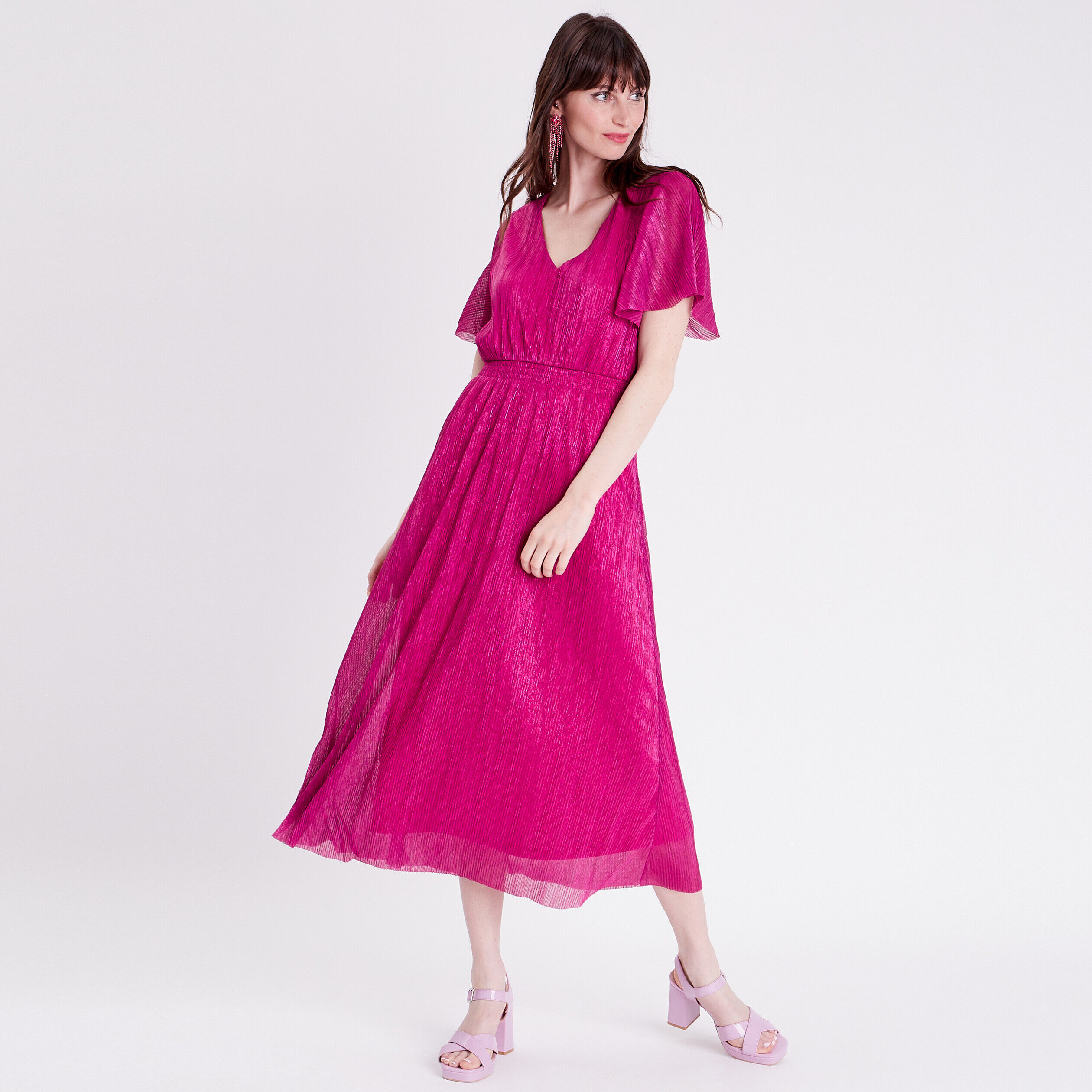 Robe longue évasée plissée rose framboise femme | Cache Cache