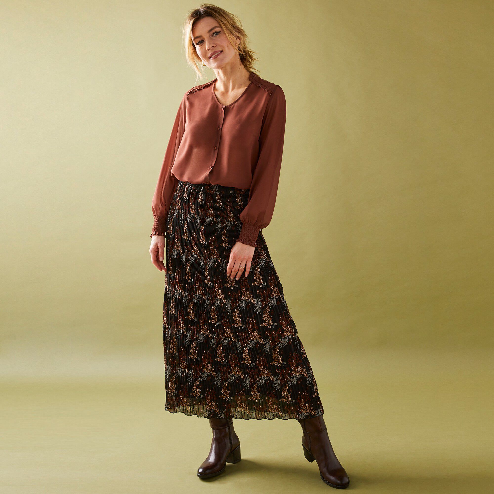 Jupe petite stature voile plissé imprimé fleuri, polyester recyclé(1)