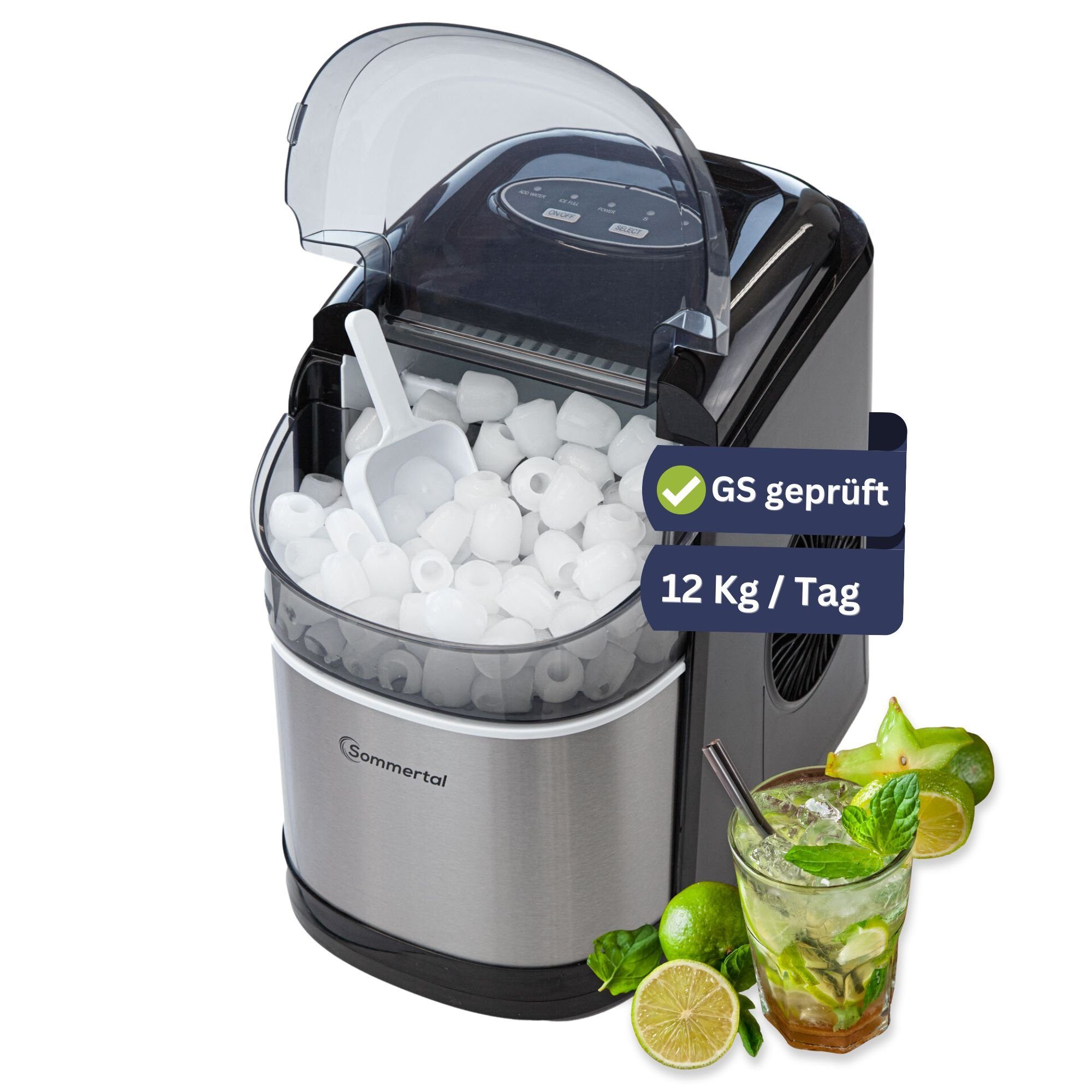 Sommertal Eiswürfelmaschine Sommertal Eiswürfelmaschine EM12C, Ice Maker, schnelle Eisherstellung ab 6 Minuten, 12kg pro Tag