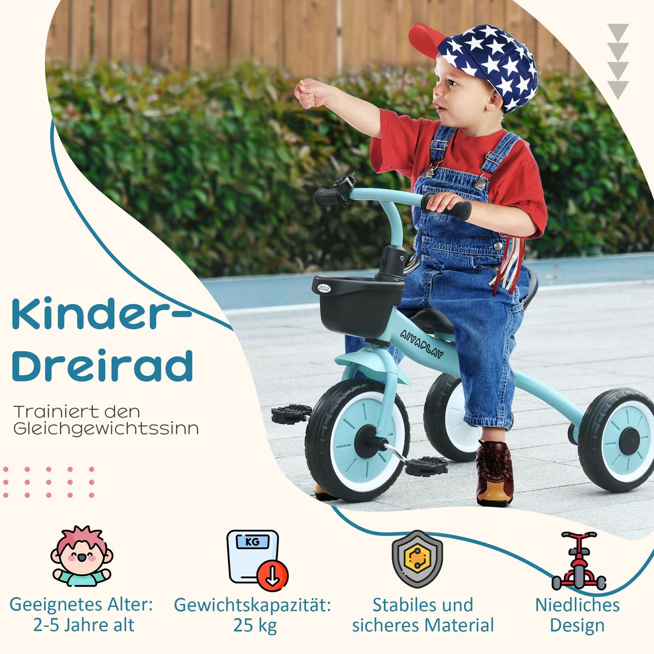 AIYAPLAY Dreirad, Kinderfahrrad mit Fahrradkorb, Kinderrad für Kinder 2-5 Jahre