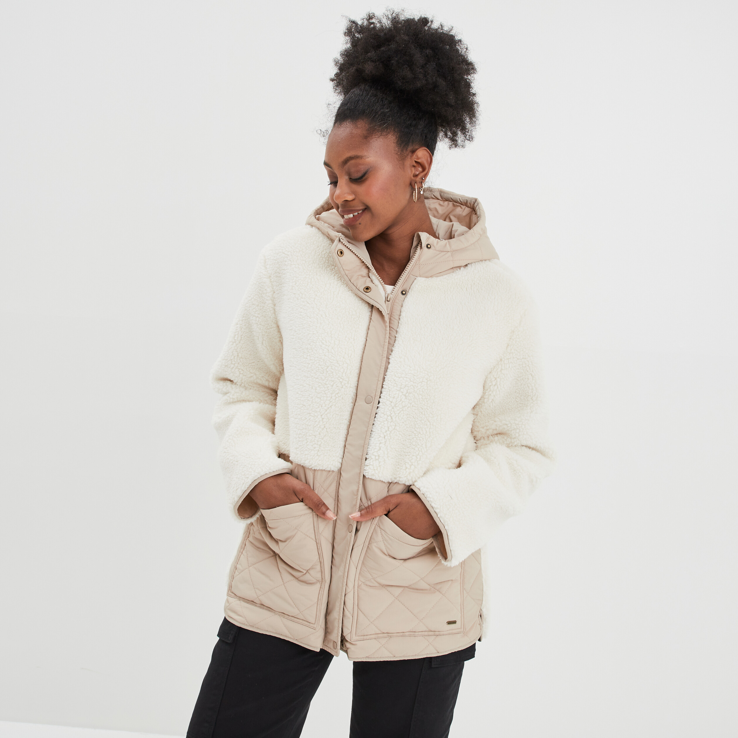 Veste bi-matière à capuche oversize blanc femme | La Halle