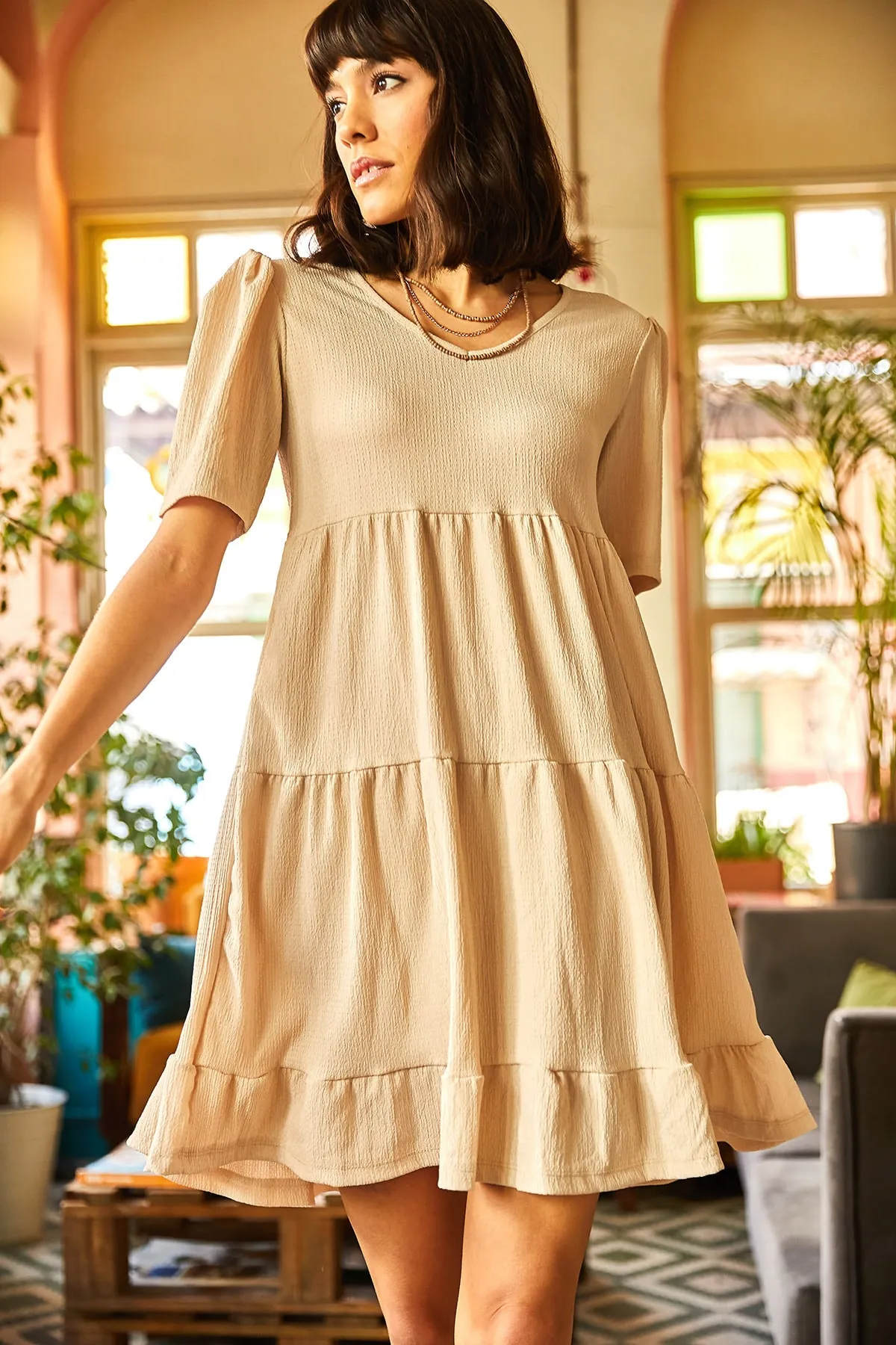 Olalook  Lässiges Strickkleid für Damen in Steinoptik mit V-Ausschnitt ELB-19001695