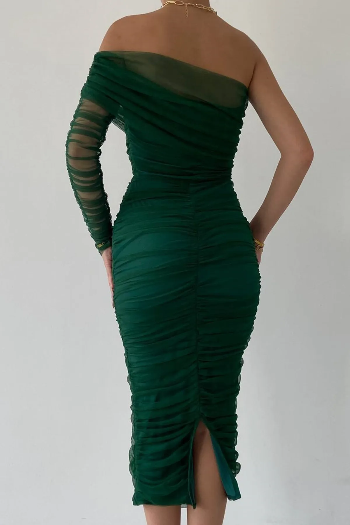 bayansepeti  Gefütterter Tüllstoff, einzelne Ärmel, schmale Passform, Midi-Länge, smaragdgrünes Bleistiftkleid, Verlobungskleid 109