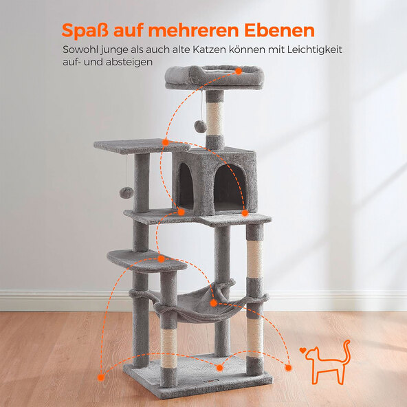 Katzenhaus 143 cm, mit 4 Kratzsäulen, 2 Plattformen, Hängematte und Höhle