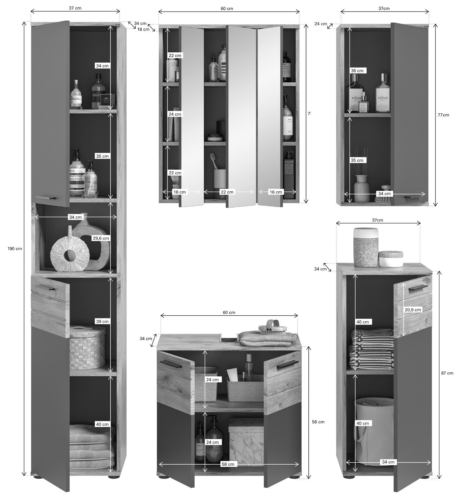 xonox.home Badmöbel-Set Mason, (Set 5-teilig, grau und Eiche), mit Soft-Close