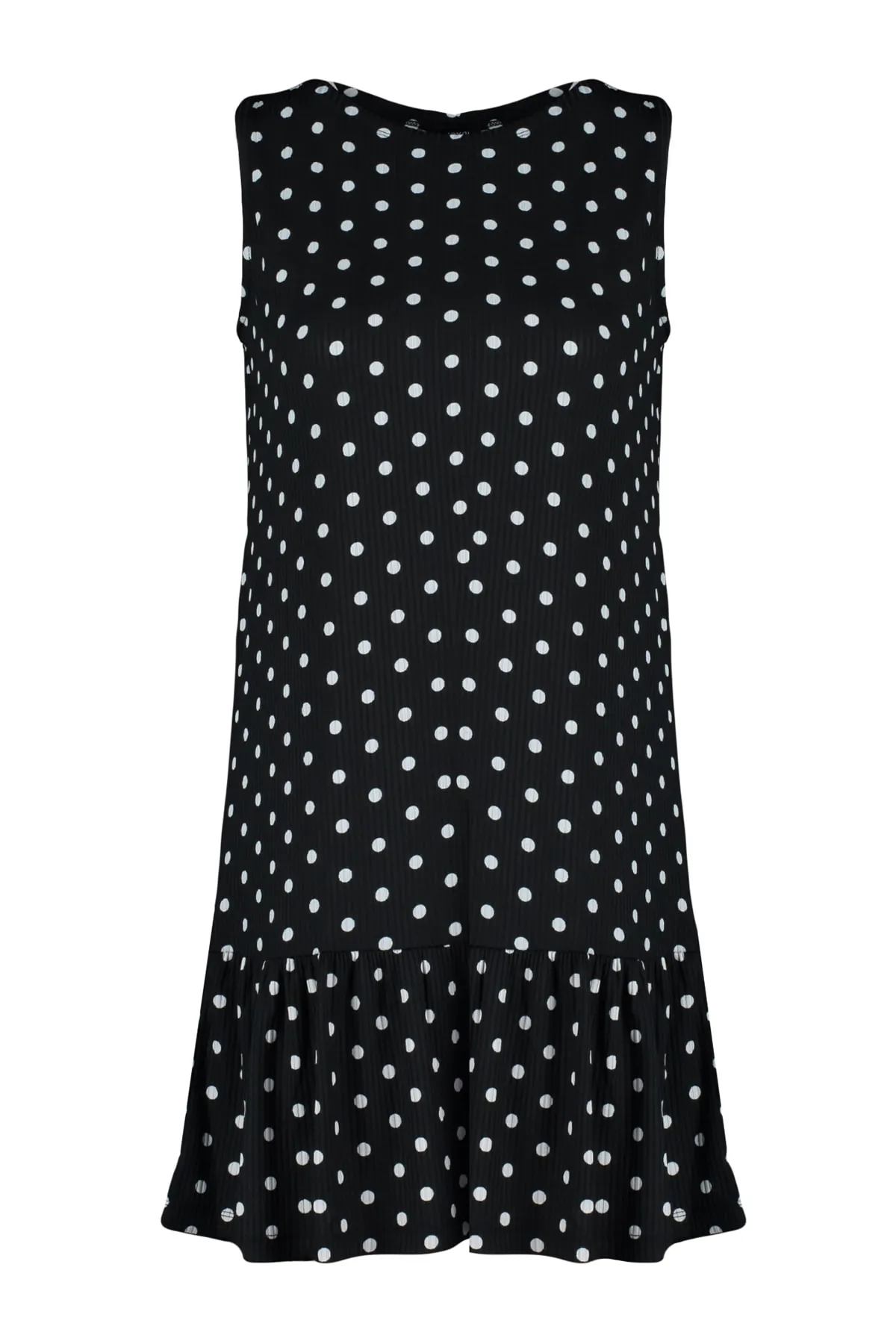 Trendyol Collection  Schwarzes, gepunktetes, ärmelloses, flexibles Strickkleid mit Rüschen und Volants TWOSS22EL0794