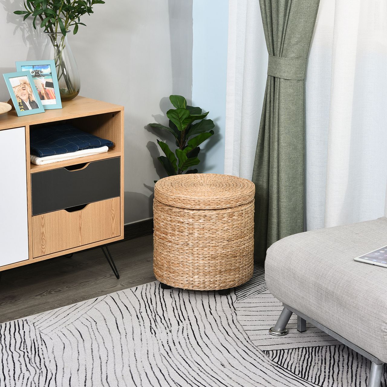 HOMCOM Sitzhocker mit Stauraum, Fußhocker, Fußstützen Hocker, Aufbewahrungsbox, Deckel Abnehmbar, Stroh Rattan, Khaki, Ø43 x 43 cm