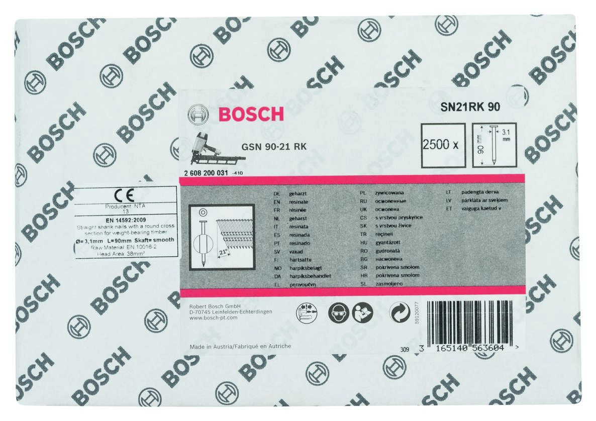 Bosch Blue Accessories 2608200031 SN21RK 90 Strip Nail 21° Plain Smooth 90 mm 2500 pieces