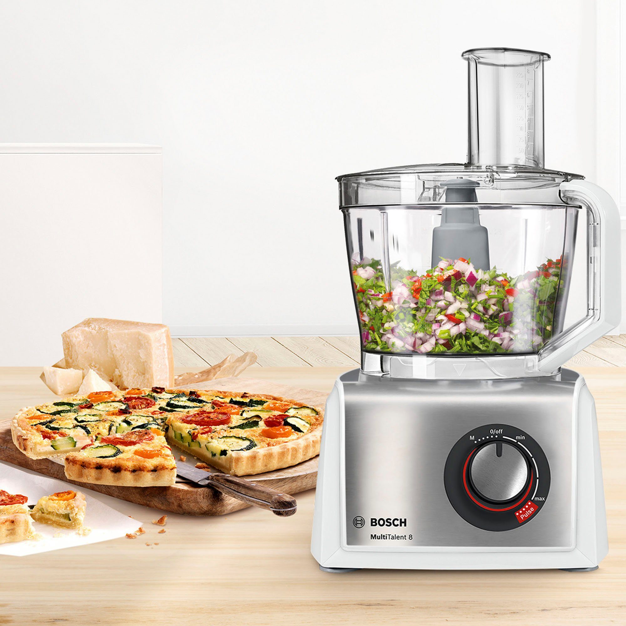 BOSCH Kompakt-Küchenmaschine MultiTalent 8 MC812S814, 1250 W, 3,9 l Schüssel, 3,9l Schüssel, 1,5l Mixaufsatz, Rührbesen, Universalmesser, 3 Scheiben