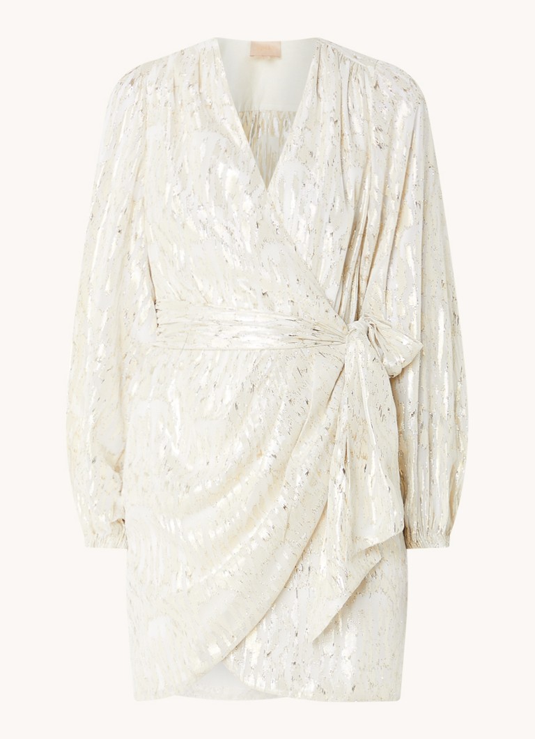 Vestido curto envelope Trina da JOSH V com lurex e mangas bufantes.