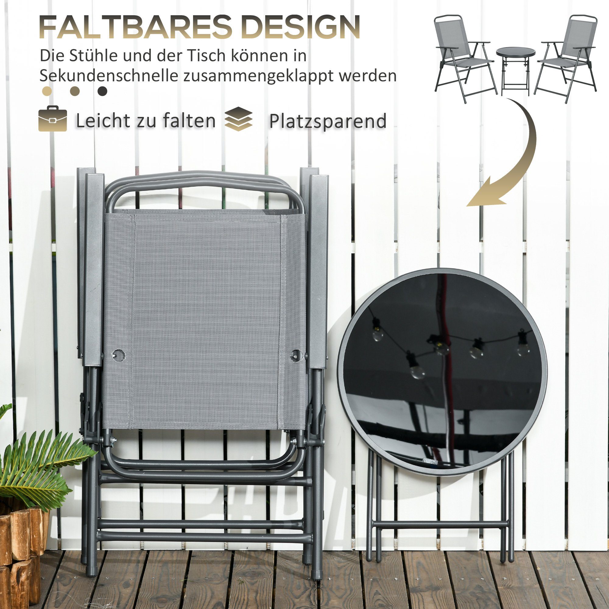 Outsunny Balkonset Gartenmöbel-Set, Klappbares Bistro-Set, (Metall-Möbel, 3-tlg., Balkonmöbel Set), für Garten, Terrasse, Mesh, Hellgrau