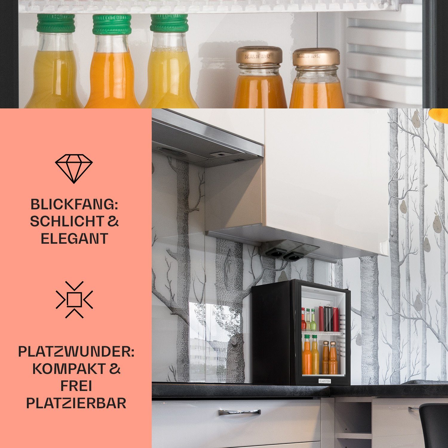 Klarstein Table Top Kühlschrank HEA-MKS-12 10005439A, 47 cm hoch, 38 cm breit, Hausbar Minikühlschrank ohne Gefrierfach Glastür klein Kühlschrank