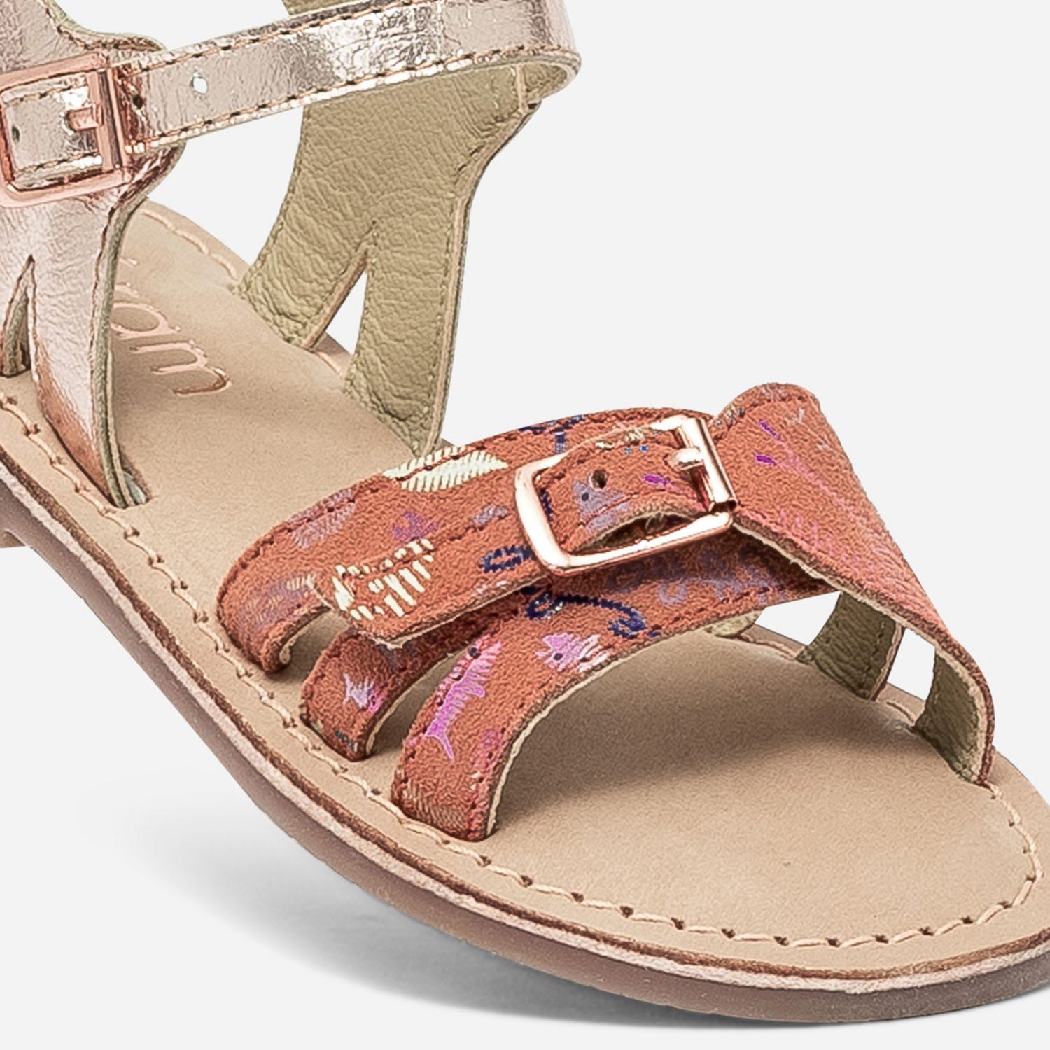 Sandale rose en cuir métallisé et cuir velours imprimé