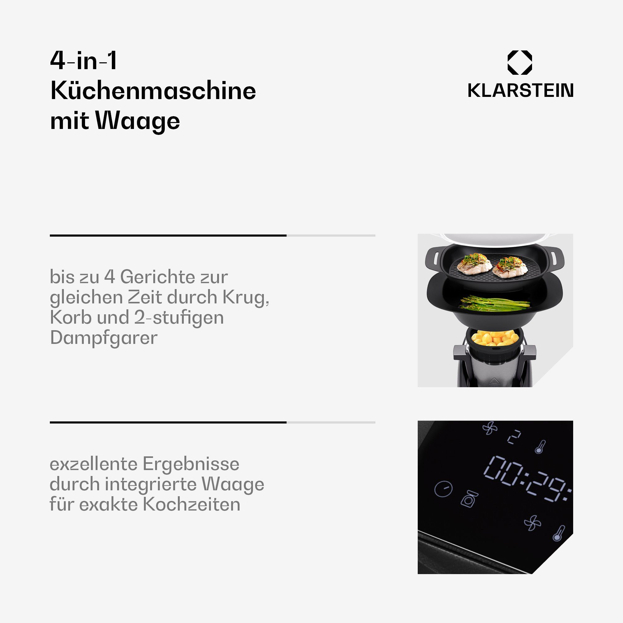 Klarstein Küchenmaschine mit Kochfunktion Aria Smart, 1700 W, 3.3 l Schüssel, Dämpfaufsatz Waage 3,3 L Edelstahl Touch App