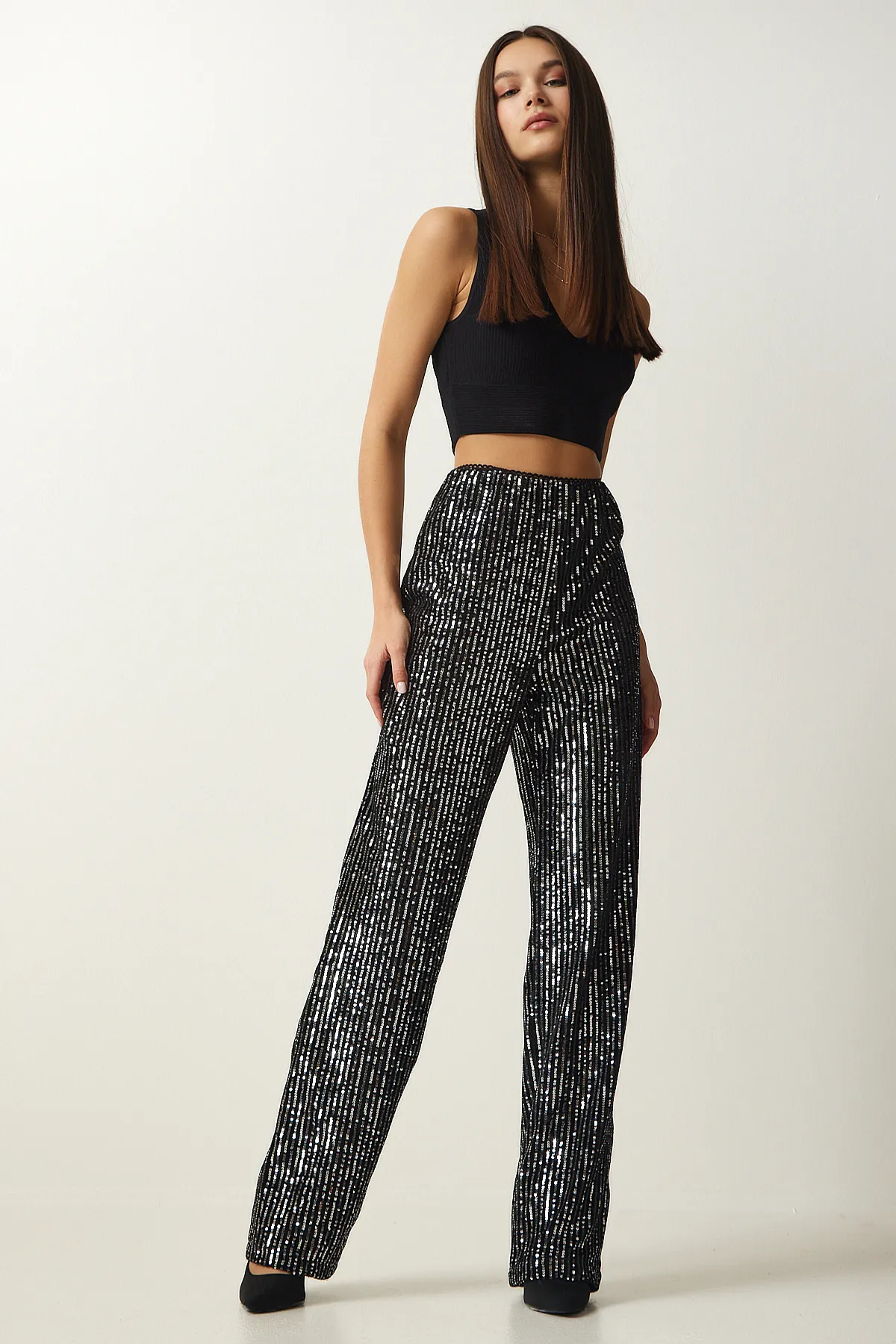 Happiness İstanbul  Graue Palazzo-Hose mit Pailletten für Damen MC00250