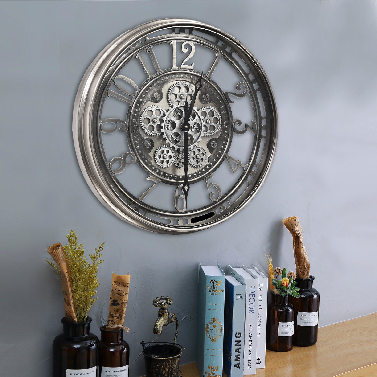 Samilito Wanduhr 53,3 cm mit echtem Bewegungsgetriebe Zahnrädern Silber