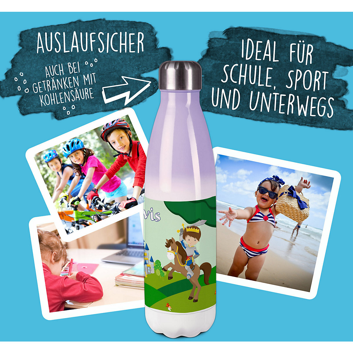 Edelstahl Kinder Thermoflasche / Trinkflasche bunt Ritter 2 Spülmaschinenfest, Auslaufsicher, Bruchfest, Doppelwandig, Für Heißgetränke geeignet, Mit Deckel, Isoliert