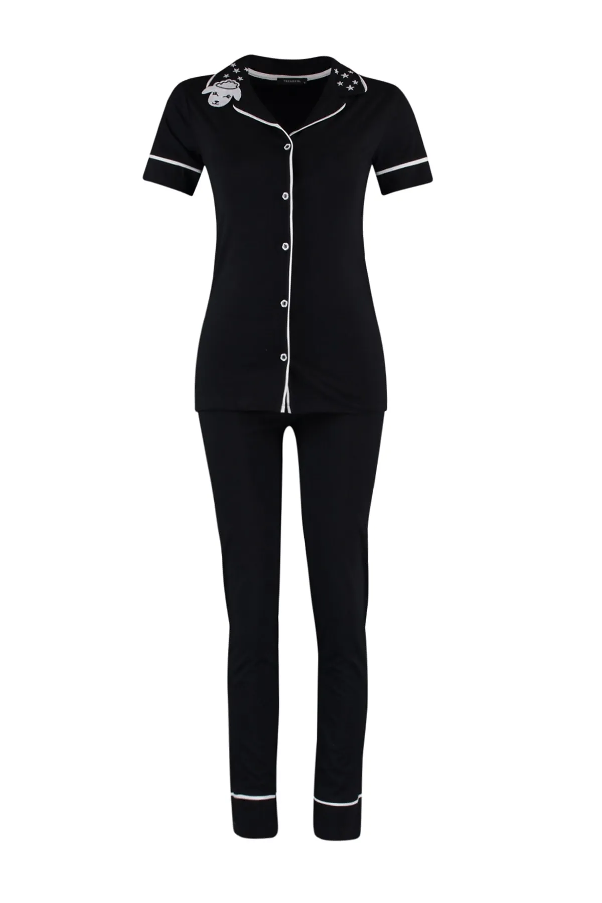 Trendyol Collection  Schwarzes Slim-Fit-Hemd-Hose-Strick-Pyjama-Set mit Lammkragen und Baumwollkragen THMAW22PT0704