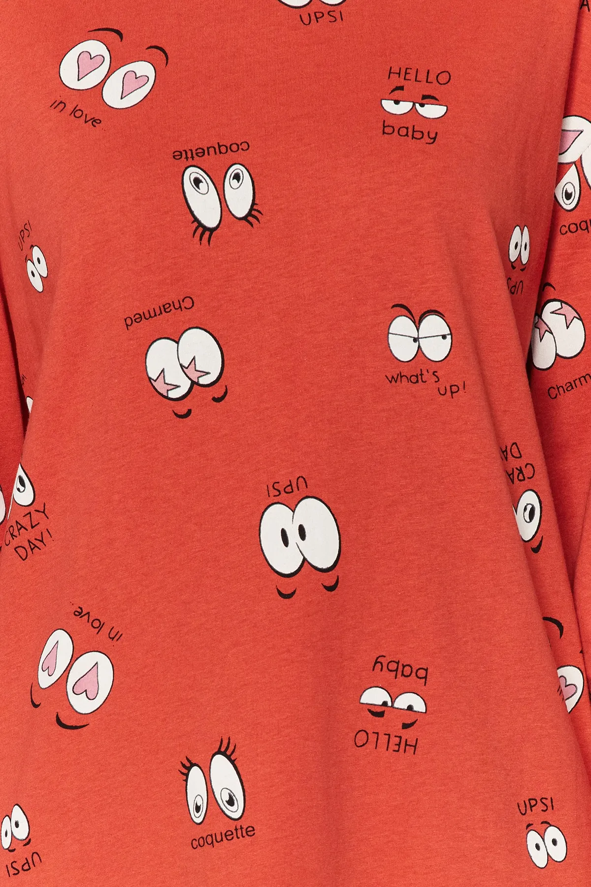 Trendyol Collection  Zimtfarbenes T-Shirt-Jogger-Strick-Pyjama-Set aus 100 % Baumwolle mit Augenmuster THMAW22PT0270