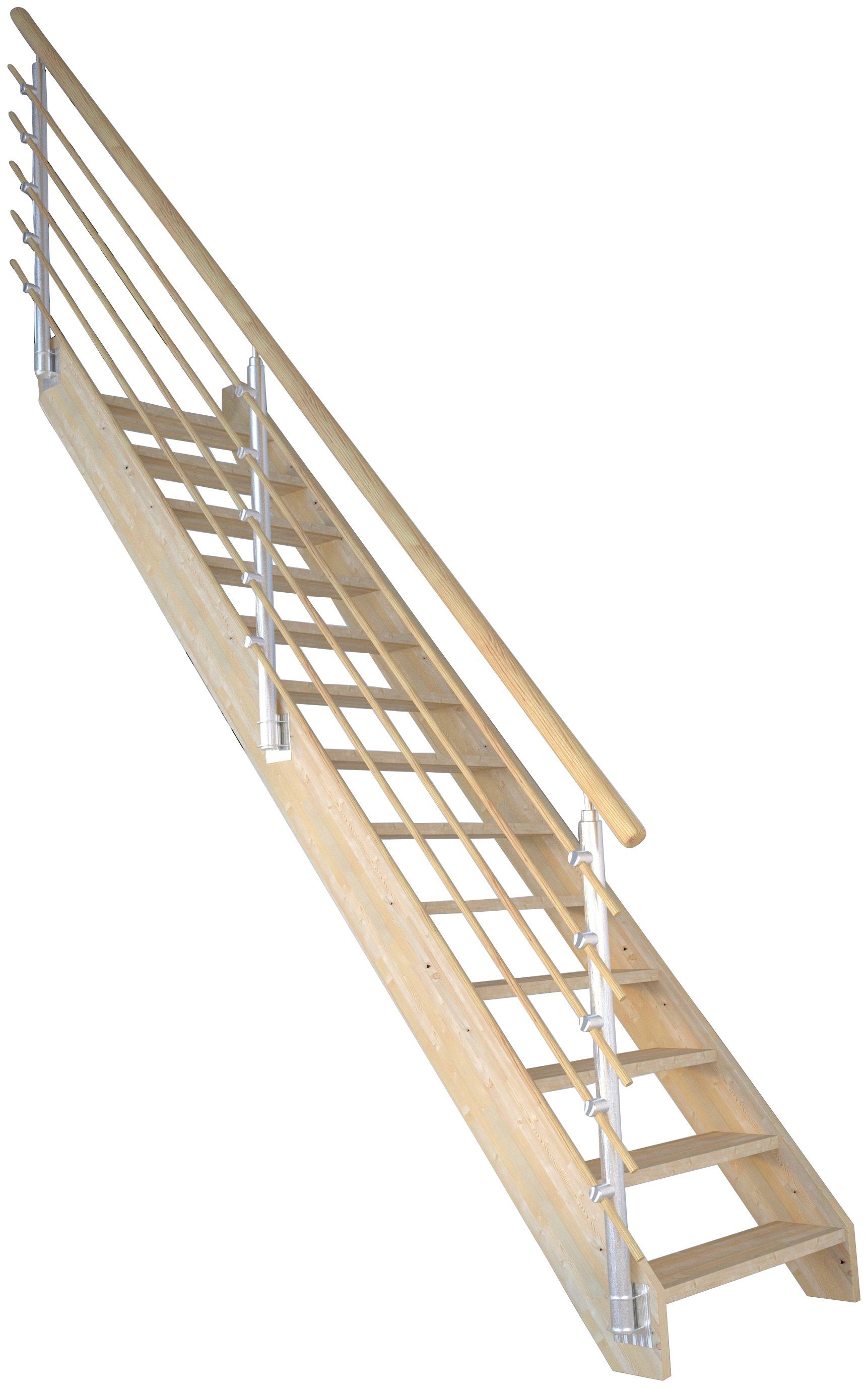 Starwood Raumspartreppe Massivholz Korfu, Design-Geländer Holzrundstäb, für Geschosshöhen bis 300 cm, Stufen offen, Durchgehende Wangenteile