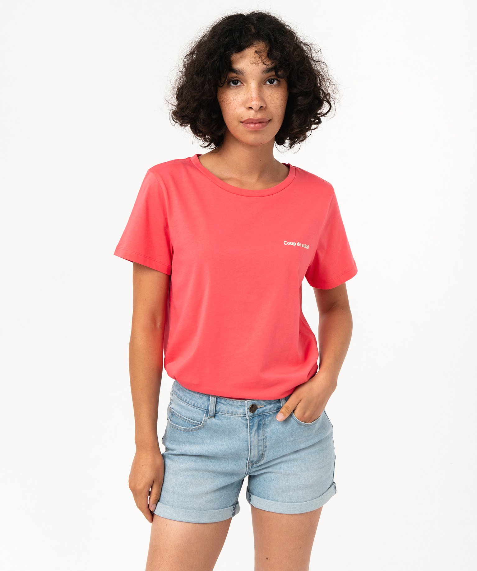 Tee-shirt manches courtes en coton à message femme rose | GEMO