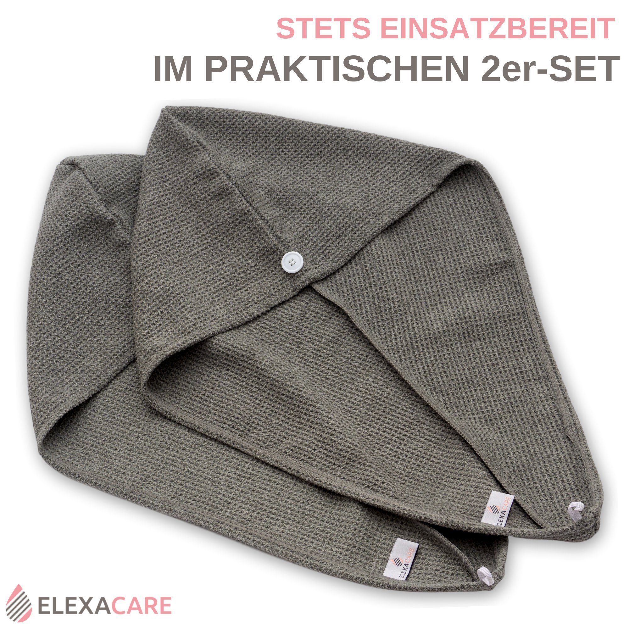 ELEXACARE Turban-Handtuch Haarturban mit Knopf, Mikrofaser (2-St), Turbanhandtuch mit Knopf und Schlaufe