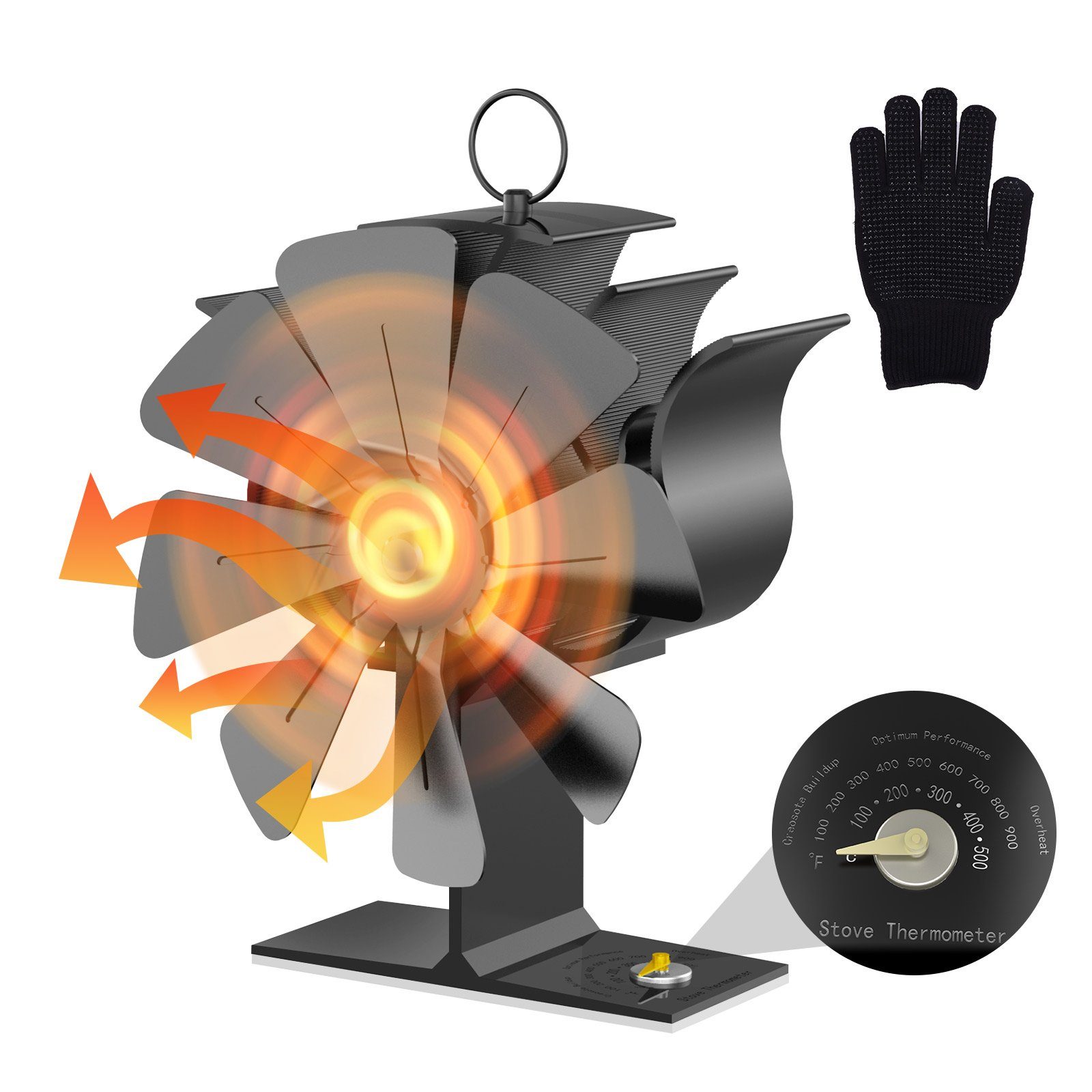BlingBin Kaminventilator Kaminventilator ohne Strom mit 8 Blättern, Kaminlüfter + Thermometer, Wärmeverteiler Lüfter mit 8 Blättern für Kaminöfen Holzöfen Öfen
